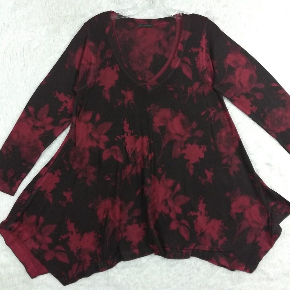 Nally & Millie Womens Blouse Tunic Asymmetrical Red Black Floral Abstract S